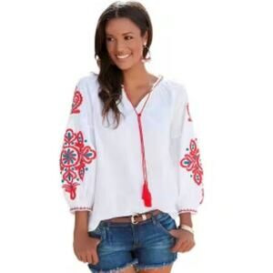 Boho White Peasant Blouse with Red Embroidered Sleeves
